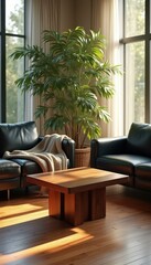 Aufkleber - Living room with dark sofas, wooden table, and a large indoor palm tree basking in natural light.