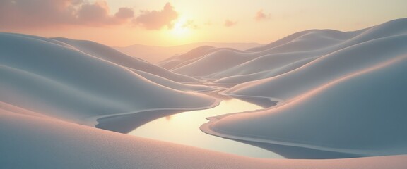 Leinwandbilder - Serene white dunes landscape reflecting golden sunset light on tranquil stream, creating a peaceful, dreamlike scenery