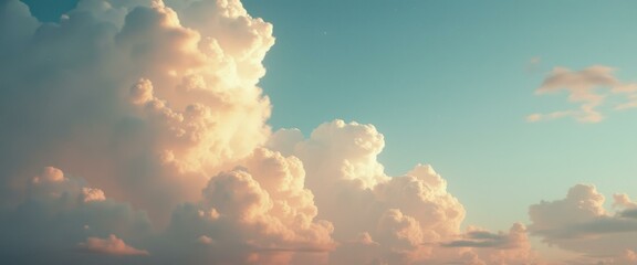 Leinwandbilder - Dreamy Cloudscape at Sunset: Majestic Cumulus Clouds Drifting in a Teal Sky, Illuminated by Golden Light