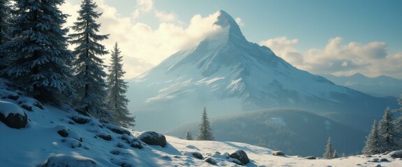 Poster - Majestic Snowy Peak Ascends, Surrounded by Verdant Trees, Under a Crystalline Sky, Creating a Breathtaking Winter Landscape