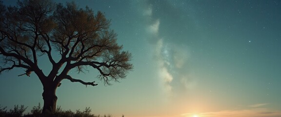 Wall Mural - silhouette of a solitary tree against a mesmerizing starry sky at dusk offering serene landscape