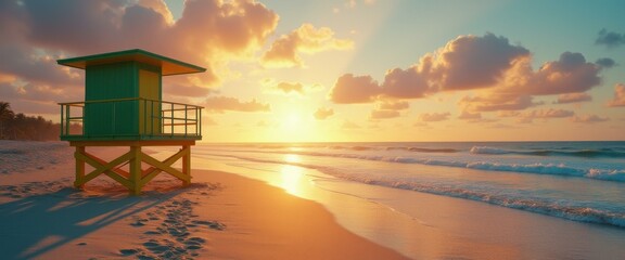 Poster - Lifeguard Tower Stands Silhouetted on the Beach at Dawn with Golden Sunlight Reflecting on the Water