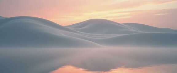 Fototapete - Serene landscape of gentle, rolling hills meeting a tranquil body of water under a soft, pastel-colored sunset sky