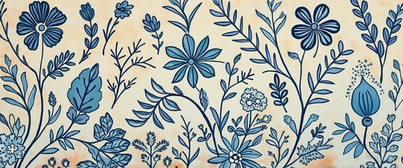 Aufkleber - Floral Arrangement with Blue Flowers and Green Foliage on Light Beige Backdrop - Hand-Drawn Style