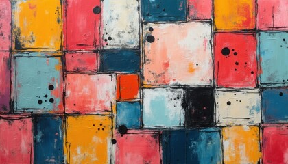 Leinwandbilder - Abstract Painting: Colorful Square Blocks with Textured Surfaces and Dark Splatters in a Modern Art Style