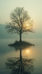 Poster - Solitary Tree Island Reflection at Sunset in Misty Lake, Serene Landscape Scene, Mystical Nature Image