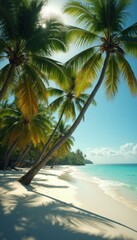 Poster - Palm Trees Swaying Over White Sand Beach and Turquoise Waters on a Sunny Day