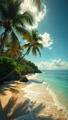 Poster - Tropical beach paradise with palm trees, turquoise ocean, and white sand under a sunny sky