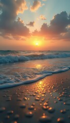 Poster - Captivating sunset over the ocean with golden reflections on the sandy beach and soft, foaming waves rolling gently ashore