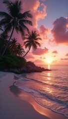Poster - Tranquil Beach Sunset with Palm Trees and Gentle Waves under a Pink Sky