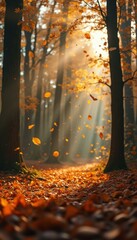 Poster - Autumn Forest Scene with Sunbeams and Falling Leaves Creating a Serene and Colorful Landscape in Shades of Orange and Brown