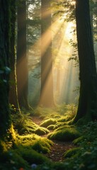 Poster - Enchanted Forest Path with Golden Sunlight Filtering Through Ancient Trees