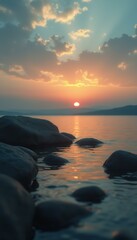 Poster - Sunrise over a calm sea with rocks in the foreground and a colorful sky filled with clouds