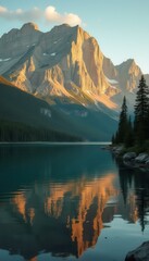 Poster - Mountain peak reflected on a tranquil lake surrounded by evergreen forest with golden light at sunrise