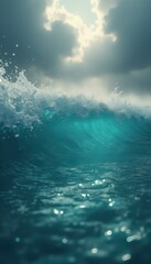 Poster - Powerful turquoise ocean wave cresting under a cloudy sky, creating dynamic sea spray and shimmering surface light.