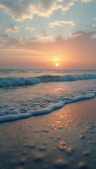 Poster - Tranquil Coastal Sunset: Golden Light Reflecting on Gentle Waves and Sandy Beach at Dusk