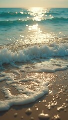 Poster - Sunlit beach waves gently washing ashore, creating a serene and glistening seascape at sunset