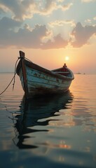 Poster - Serene waterscape featuring a small boat at sunset with a reflection of the sunset and boat in the water