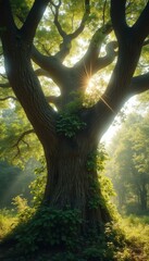 Poster - Ancient oak tree with sprawling branches reaches for the sunlight in a vibrant and enchanting forest