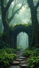 Poster - Mystical stone archway overgrown with moss leading into a foggy forest path with stone steps