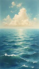 Poster - Serene Blue Ocean Waves with Golden Sunlight and Fluffy Clouds Under a Bright Sky