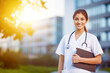 © EdNurg - Smiling healthcare professional in a white uniform stands outdoors with a clipboard, embodying confidence and dedication in a medical setting