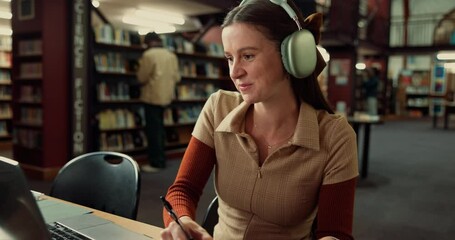 Poster - Laptop, headphones and woman student with notebook in library studying for university exam with textbooks. Education, computer and female person writing with learning for college test on campus.