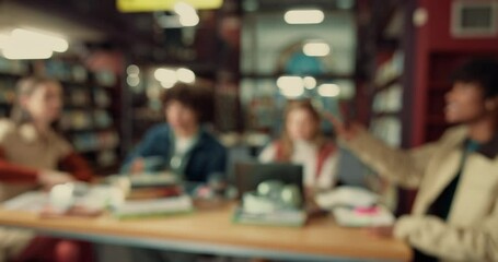 Poster - Students, blur and friends with study in library for exam preparation, assignment or knowledge. University, education group and people with books at college for test assessment, support and research