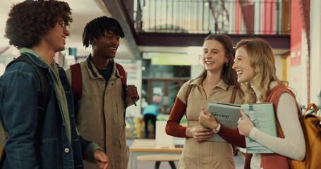 Poster - Laughing, students and group in library, celebration or gesture for success, men or women with book. Happy, learner and people with smile for education, university and achievement for scholarship