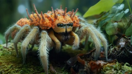Fototapete - A close-up shot of a spider sitting on a mossy surface