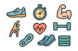 © Olha - Outline with Fill style icons of fitness and movement: running shoe, stopwatch, muscle icon, dumbbell, stretching pose, heart zone, steps count, resistance band.