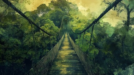 Wall Mural - suspension bridge stretches over a river surrounded by lush green forest.