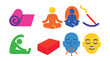 © Olha - Flat vector icons of yoga: yoga mat, lotus pose, meditation icon, incense stick, flexibility stretch, yoga block, breath icon, calm face.