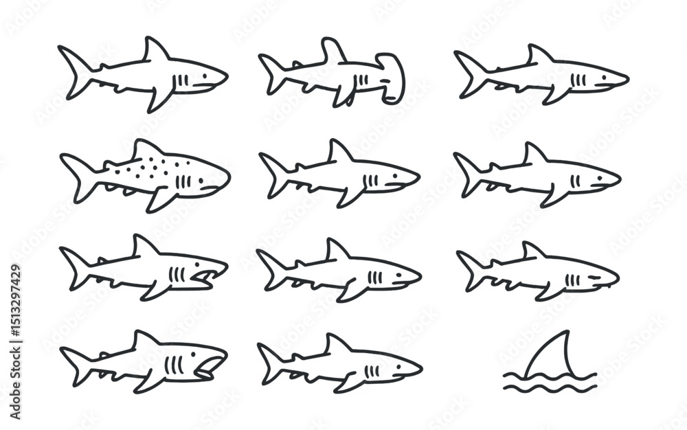 Shark Types Vector Line style icons of all shark types: great white shark, hammerhead ...