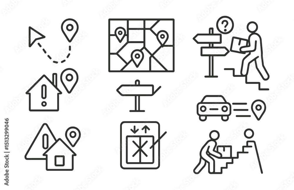 Line style icons of courier life: courier route icon, city route path ...