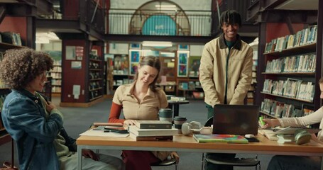 Poster - Students, friends and greeting with hug in library for hello, handshake or welcome to study group. University, gen z people or shaking hands on campus for morning routine, embrace or learning support