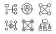 © Александр Михайлюк - Line style icons of project management: project network map icon, stakeholder diagram badge, collaboration node layout, partner connection lines, interlinked team chart, department sync overview.
