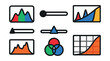© Tanya - Flat vector icons of histogram and levels: RGB histogram, black point, white point, midtone slider, levels graph, tone histogram, color channels, exposure curve.