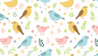 © lilyax - Bird flower pattern. Seamless floral vector spring background. Crayon wallpaper garden design. Abstract bird animal plant leaf flower print. Simple pastel illustration. children, chalk, doodle,