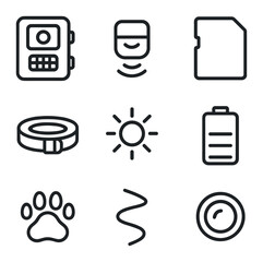 camera trap icon set. outline icon set of camera trapping: camera trap box, motion sensor, sd card, 