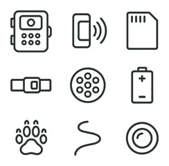 camera trap icon set. outline icon set of camera trapping: camera trap box, motion sensor, sd card, 