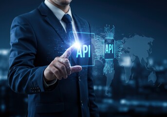 businessman touching a digital screen with api interface and technology concept