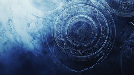Wall Mural - abstract blue background with circular patterns and smoke-like effects.