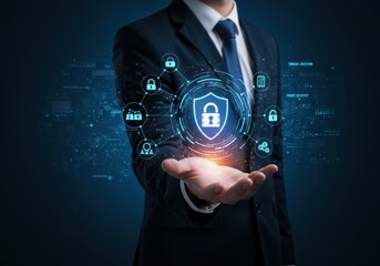 businessman presenting cybersecurity shield with padlock and data protection concept