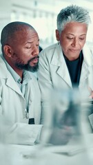 Poster - Science, teamwork and people on tablet in lab for medical research, results and feedback. Healthcare, pharmaceutical and scientists on tech for vaccine study, breakthrough and medicine discovery