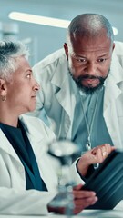 Wall Mural - scientist, man and woman with tablet, feedback or review at biochemistry lab for medical research. m