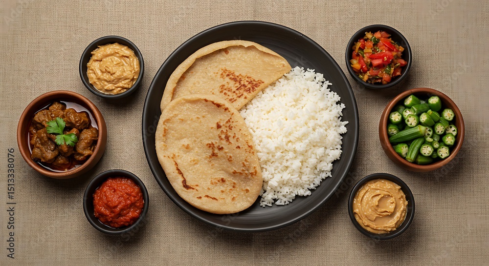 Colourful Roti Delicious Indian Cuisine: A Colorful Plate of Rice, Roti, and Si Stock ...