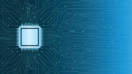 Wall Mural - a blue gradient technology background featuring a stylized microchip and circuitry design, perfect f