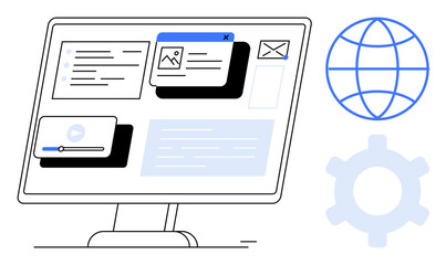 Computer monitor with browser tabs, video player, and email pop-up. Internet globe and gear convey connectivity, customization, and functionality. Ideal for technology, web development, digital