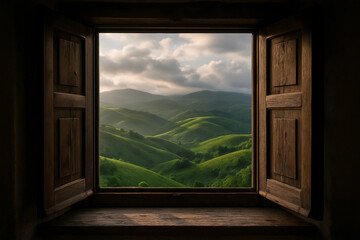 Wall Mural - Window with a view of mountains and hills